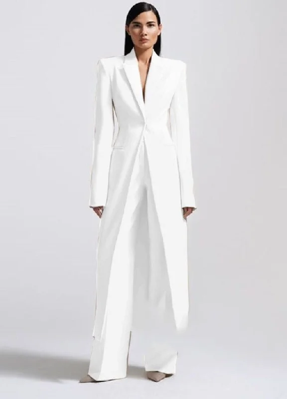 New Women's Two-Piece Set Elegant Party Wedding Suit Long Coat + Straight Pants Formal Slim Pants