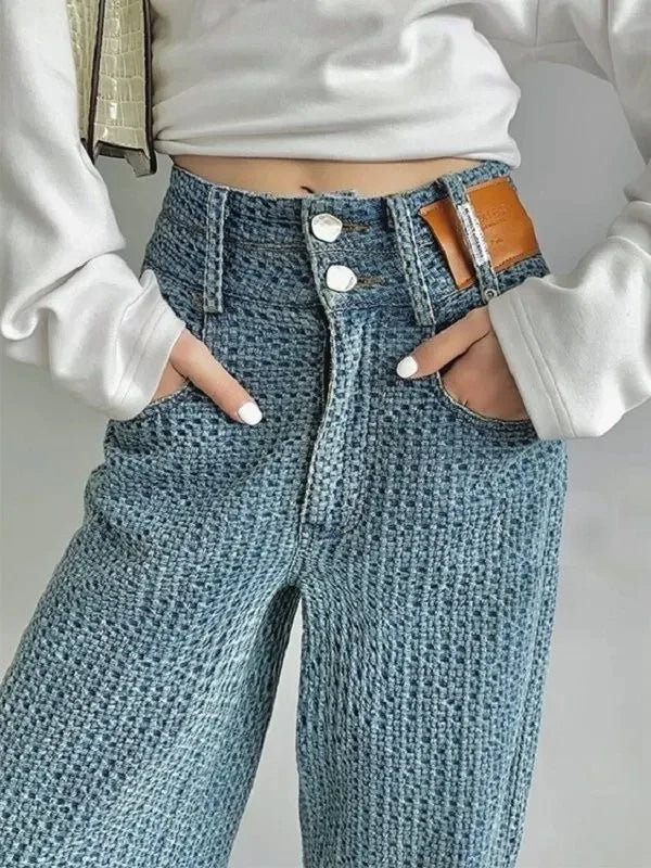 3D Stretch Denim Blue High-waist Woven Denim Wide-leg Pants Casual Plaid Pants