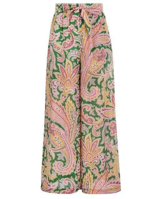 Green Paisley Teddy Draw Waist Pant Formal Slim Pants