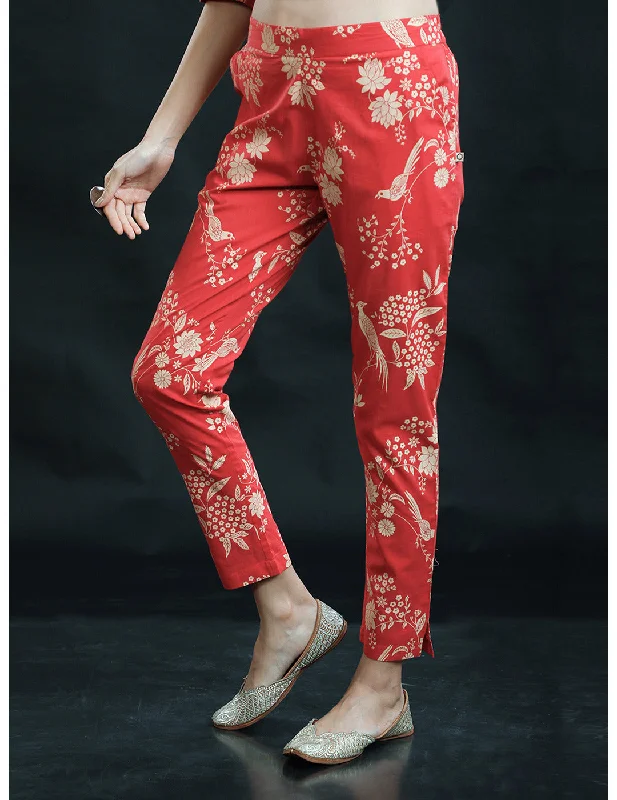 Red Bird Print Straight Pants Trendy Velvet Pants