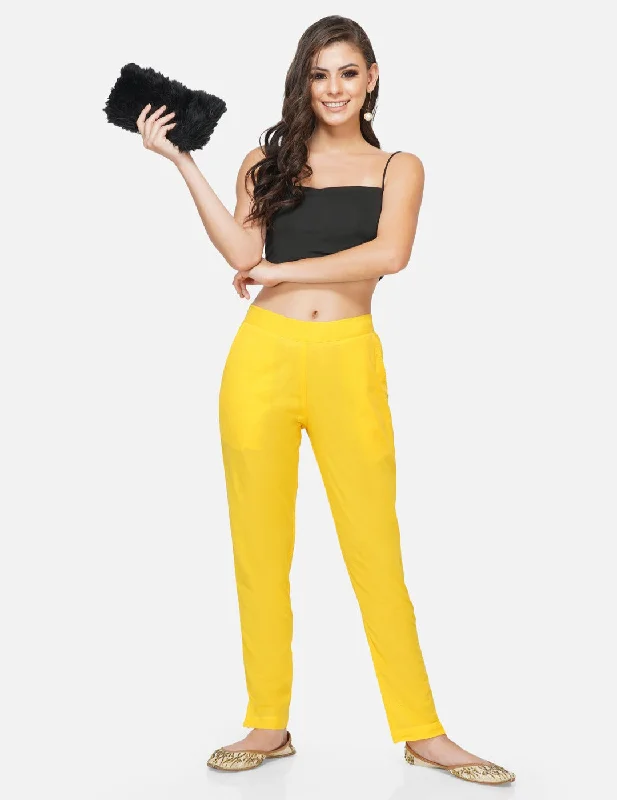 Yellow cotton solid tapered pants Comfortable Denim Trousers