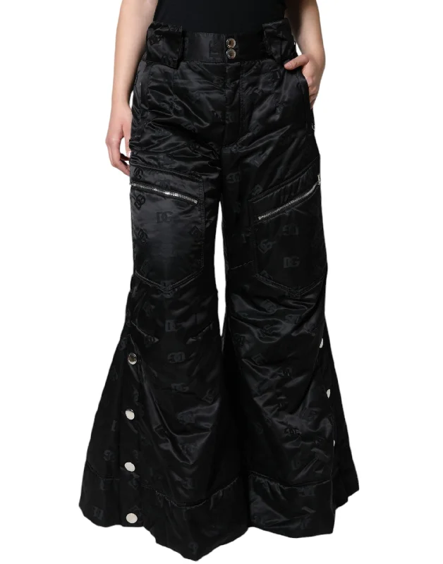 Black Quilted High Waist Women Wide Leg Pants Trendy High-Waist Trousers