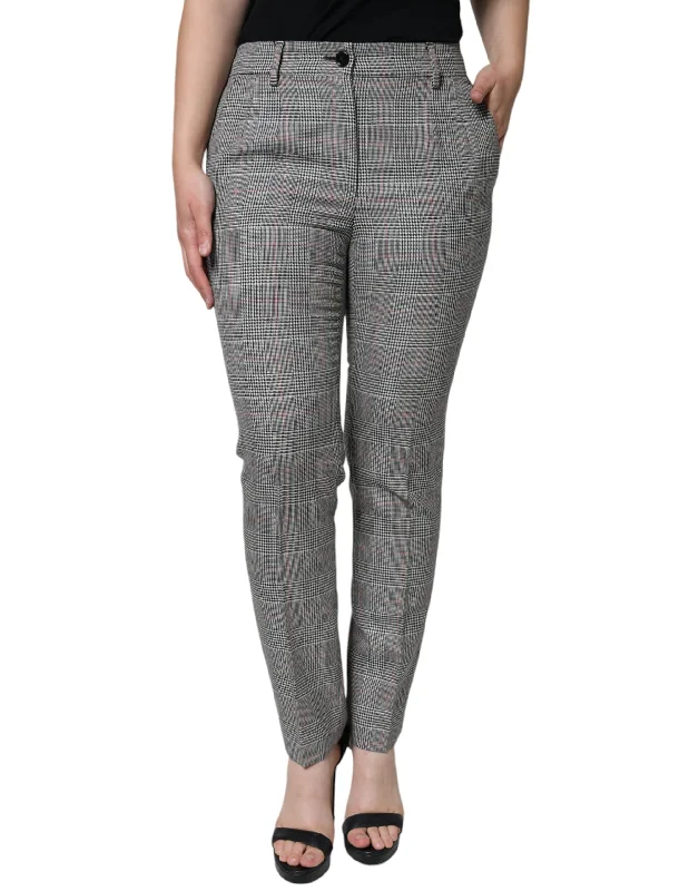 Gray Plaid Wool Mid Waist Women Tapered Pants Classic Flared Pants