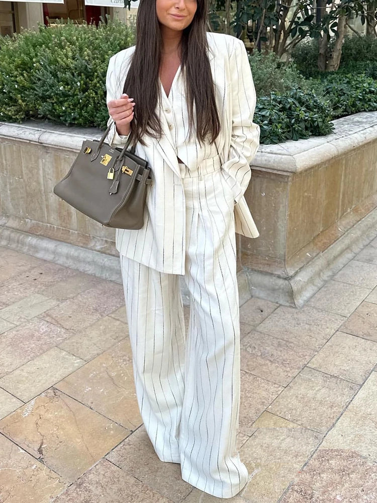 Ashore Shop Office Women Suit Stripe Loose Pant Suits Fashionable Tapered Leg Pants