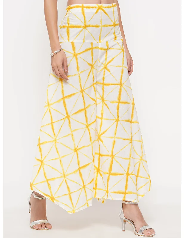 Yellow Shibori Print Cotton Asymmetrical Pants Relaxed High-Waist Trousers