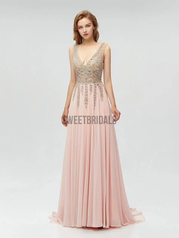Sexy V Neck Chiffon V Neck A-line With Beads Long Prom Dresses, MD609