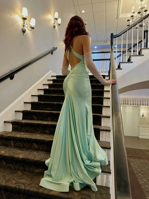 Mermaid Straps Backless Mint Green Long Prom Dresses      S5711