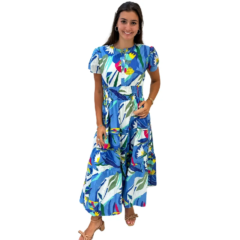 The Sydney Cinch Waist Dress in Blue Multi Color Tropical Cotton