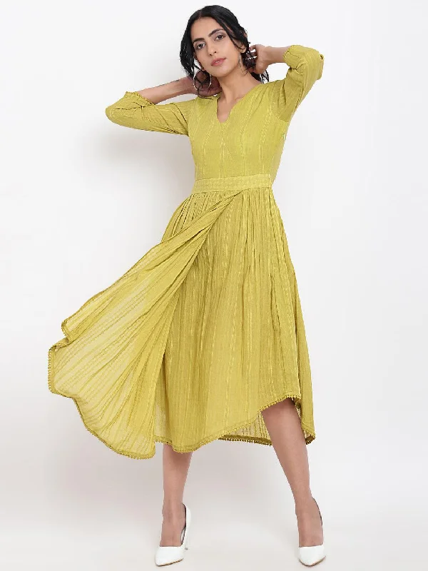 Green Cotton Overlap Flare Dress