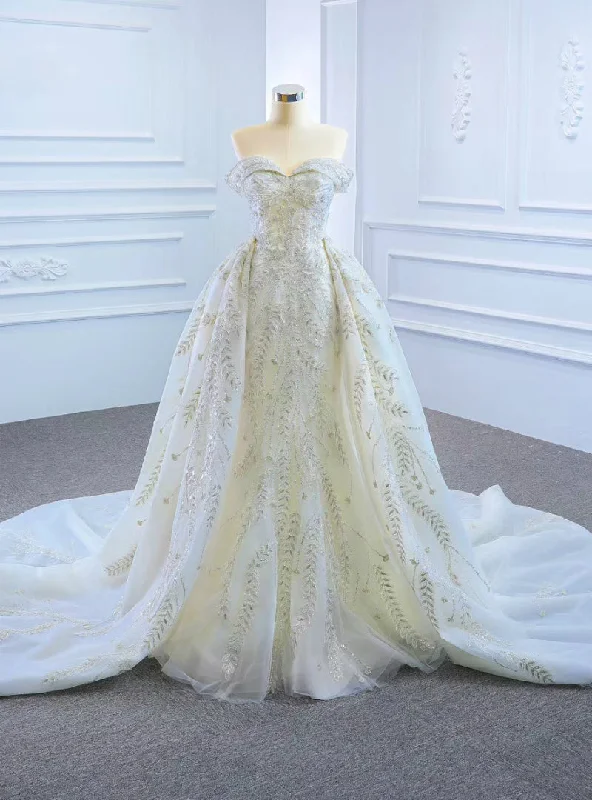 Discover The Latest White Mermaid Tulle Sequins Off the Shoulder Prom Dress With Removable Train Discover The Latest White Mermaid Tulle Sequins Off the Shoulder Prom Dress With Removable Train