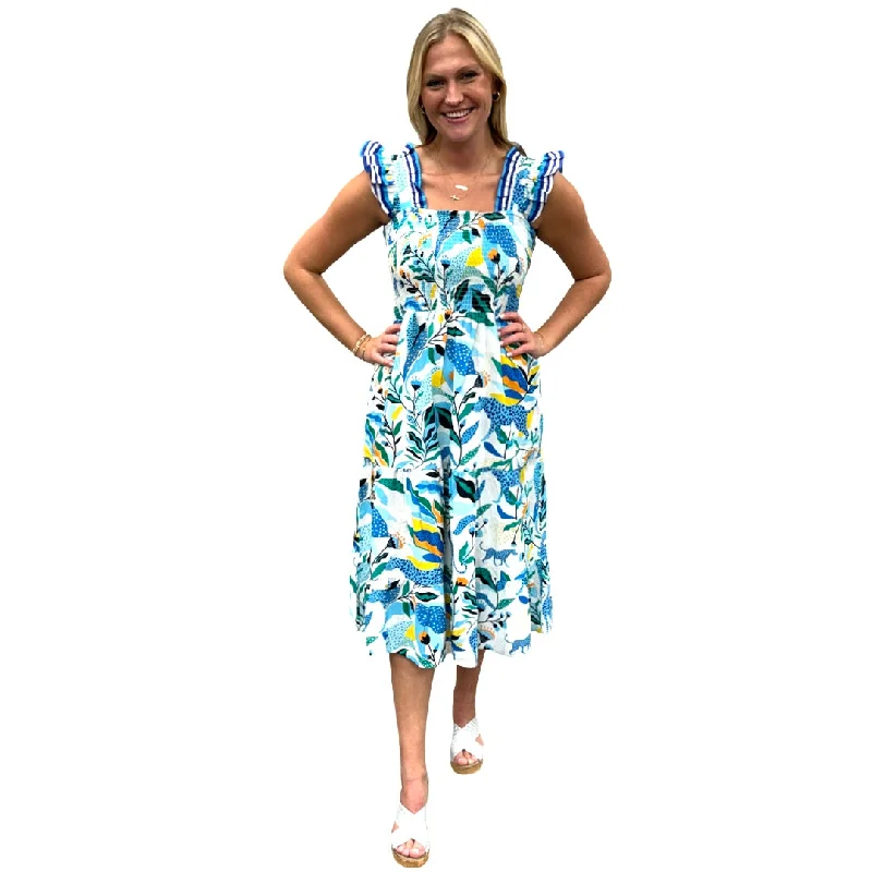 The Cloey Smocked Top Dress in Blue Yellow Multi Panther Print