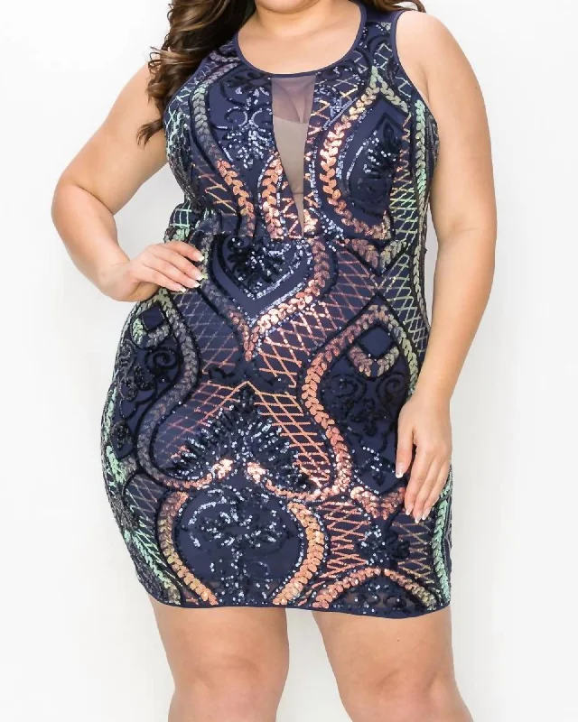 Geometric Back Zip Spangle Dress in Dark Sapphire/Sapphi | Dark Sapphire/Sapphi