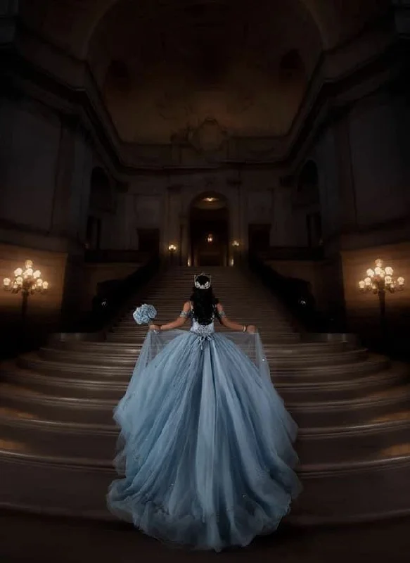A line Blue Off Shoulder Quinceanera Dress Ball Gown        S6124