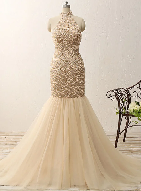 High Neck Mermaid Prom Gowns Pageant Pearls Prom Dresses Open Back