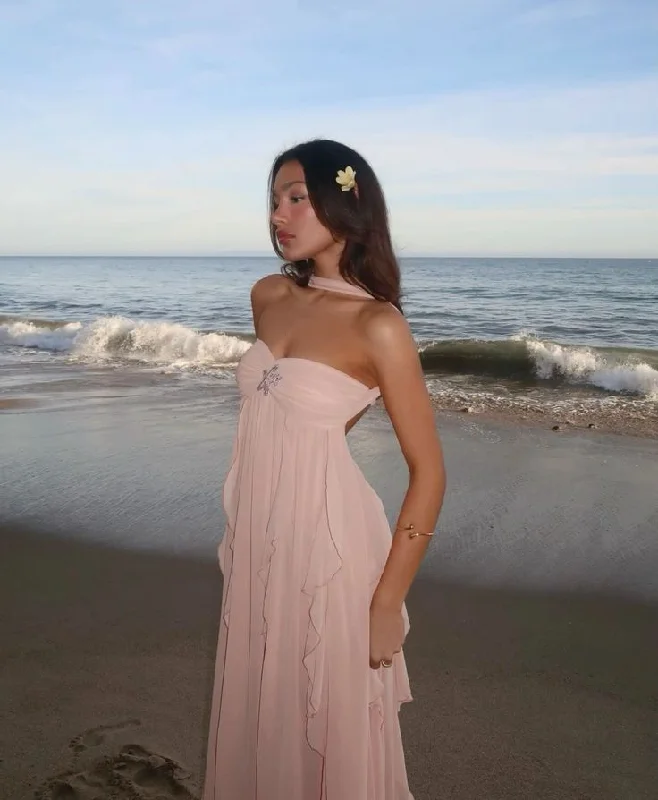 Sexy Pink Chiffon Long Prom Dress Birthday Outfits With Ruffles       S6167