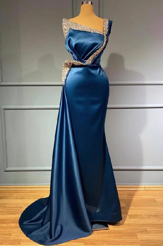One Shoulder Blue Beading Sequns Long Mermaid Prom Dress