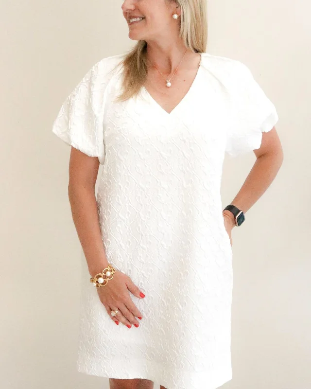 Puff Sleeve Chemise Dress in White | White
