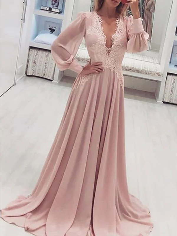 Fashion A Line V Neck Long Sleeves Lace Applique Chiffon Long Prom Dresses, MD399