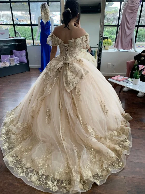 Champagne Quinceanera Dresses Ball Gown Off The Shoulder Sparkly Floral Sweet 16 Dresses S6084 Champagne Quinceanera Dresses Ball Gown Off The Shoulder Sparkly Floral Sweet 16 Dresses S6084