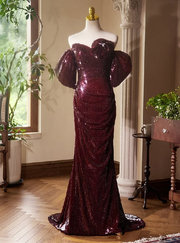 Burgundy Mermaid Sequins Pleats Prom Dress