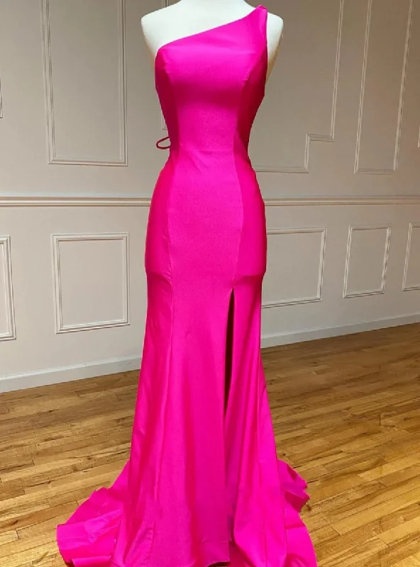 Hot Pink Mermaid One Shoulder Prom Dress