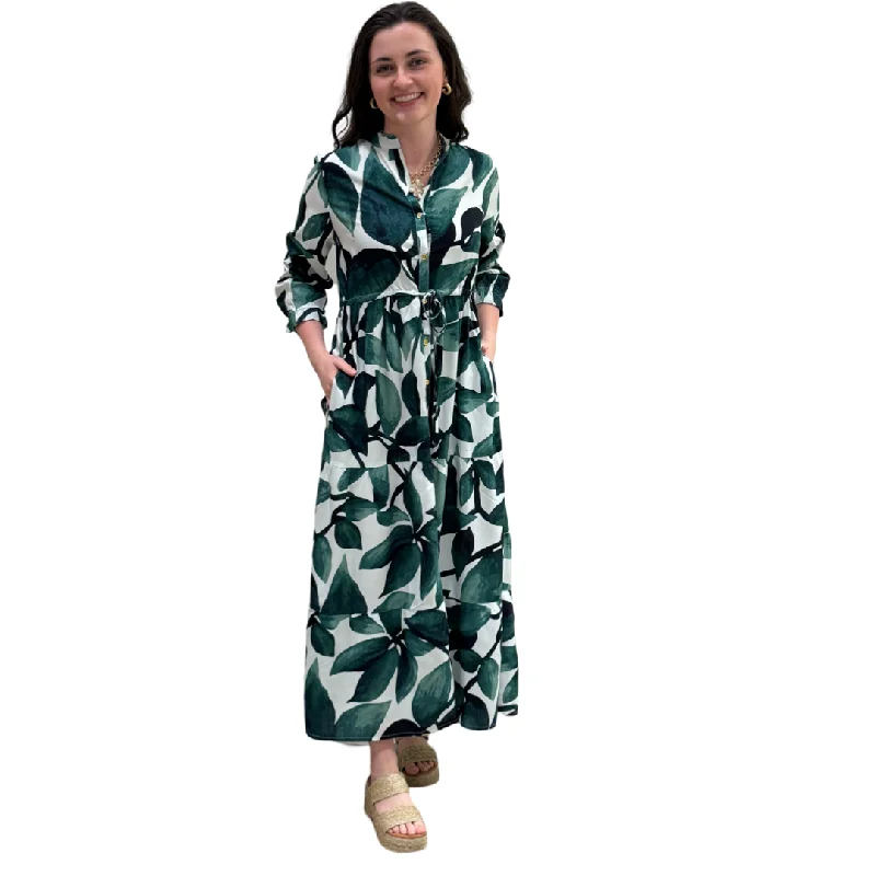 The  Hamilton Tie Waist Dress in Topiary Green Palm Print