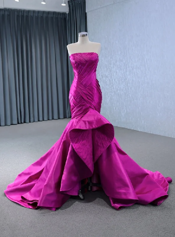 Fuchsia Satin Mermaid  Pleats Prom Dress