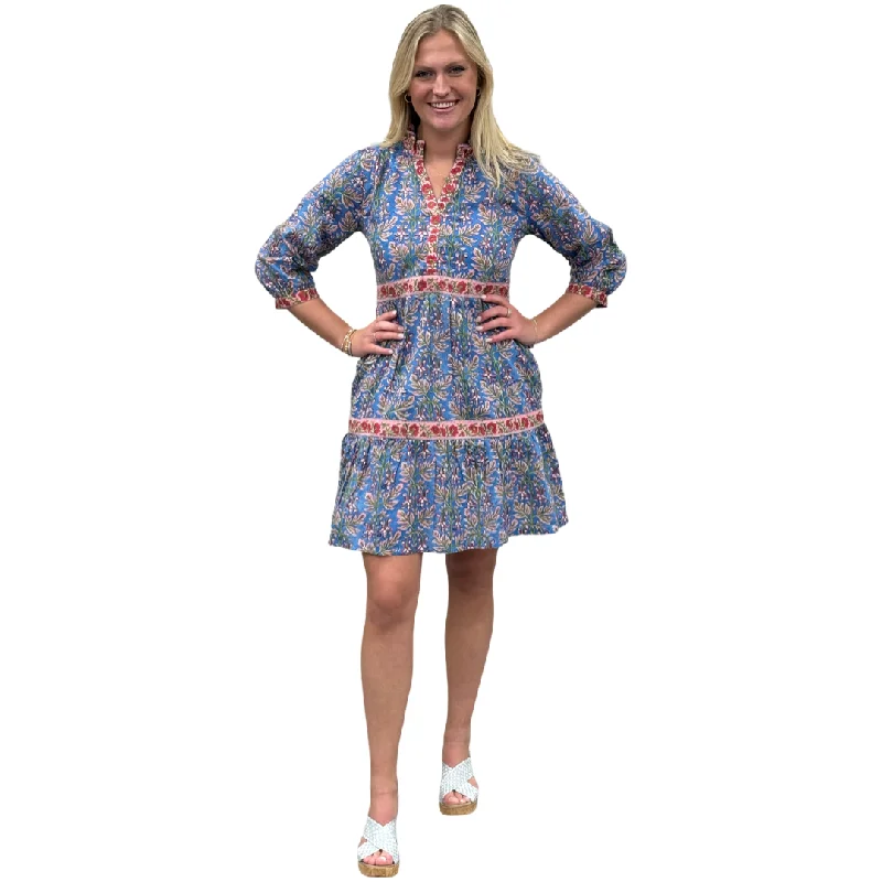 The Campbell Cotton Block Print Dress in Blue Pink Border Trim Floral