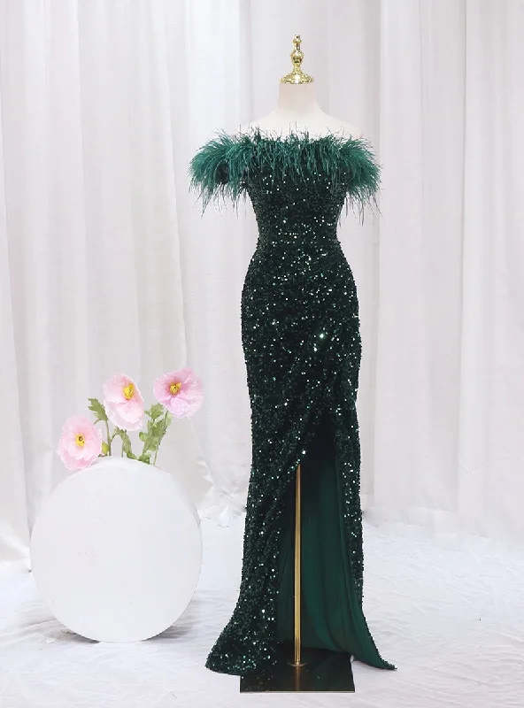 Green Mermaid Sequins One Shoulder Feather Prom Dress