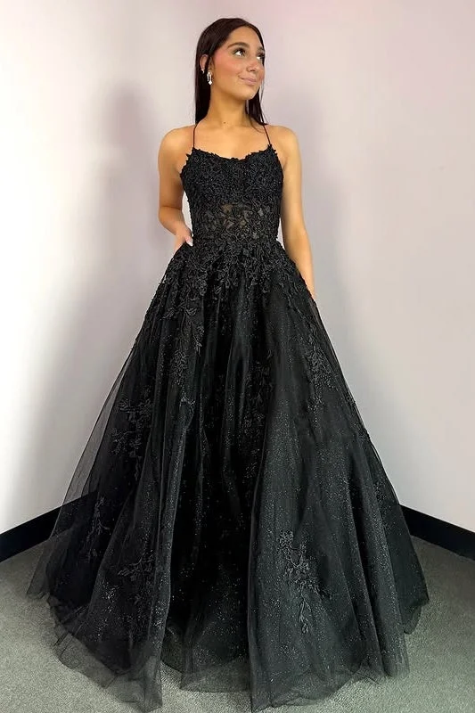 Black Sparkly Tulle A-Line Lace Appliques Long Prom Dress