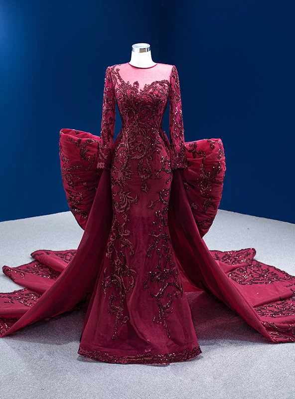 Burgundy Mermaid Tulle Sequins Prom Dress With Detachable Train