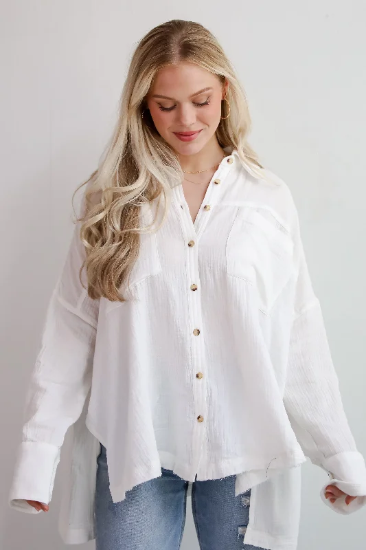 Adorable Attention White Linen Button-Up Blouse Stylish Wrap Blouse