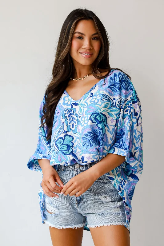 FINAL SALE - Adorable Obsession Blue Floral Blouse Pastel Color Blouse