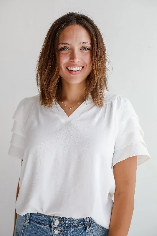 Adorably Captivating Off White Ruffle Sleeve Blouse Office-Ready Blouse