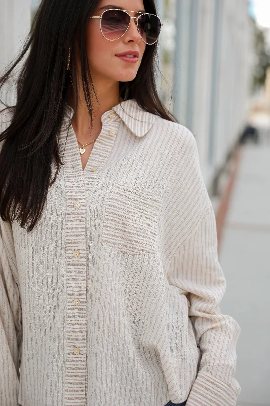 Adored Pose Taupe Striped Button-Up Blouse Pastel Color Blouse