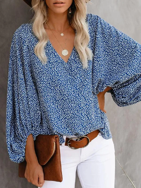All Over Print Surplice Neck Lantern Sleeve Blouse Soft Satin Blouse