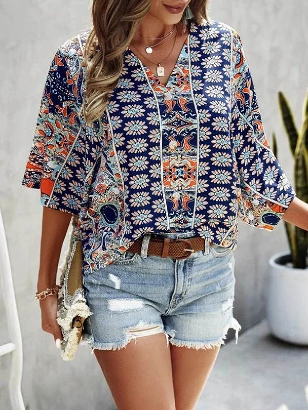 Casual Solid Flowy Loose Tunic Short Sleeve V Neck Blouse Peter Pan Blouse