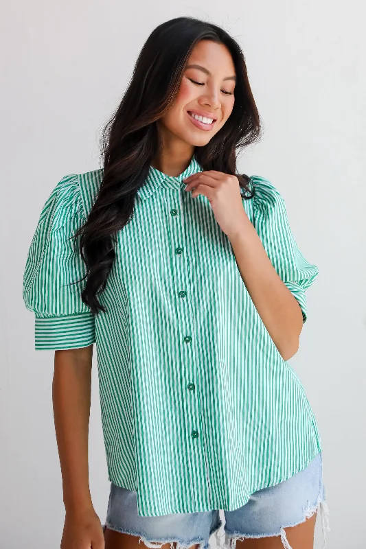FINAL SALE - Authentic Sweetness Green Striped Blouse Satin Drape Blouse