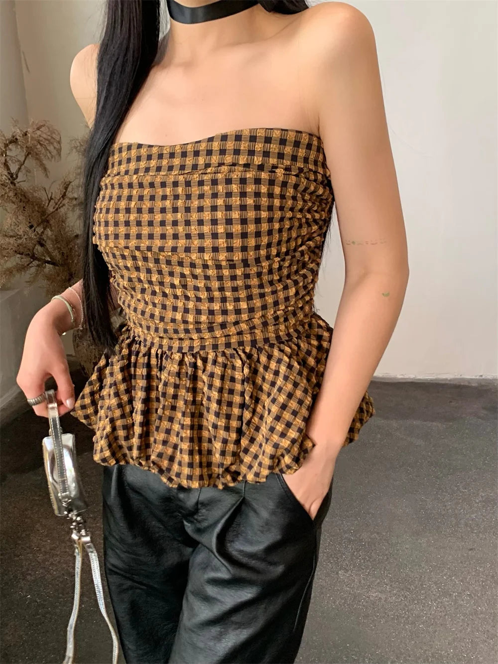 Benuynffy Plaid Strapless Retro Sleeveless Peplum Top Blouse Casual Relaxed Blouse