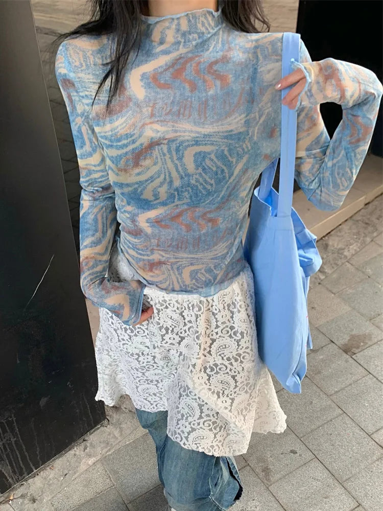 Benuynffy Stand-up Collar Tie-dye Thin Mesh Slim Streetwear Top Blouse Silky Draped Blouse Benuynffy Stand-up Collar Tie-dye Thin Mesh Slim Streetwear Top Blouse Silky Draped Blouse