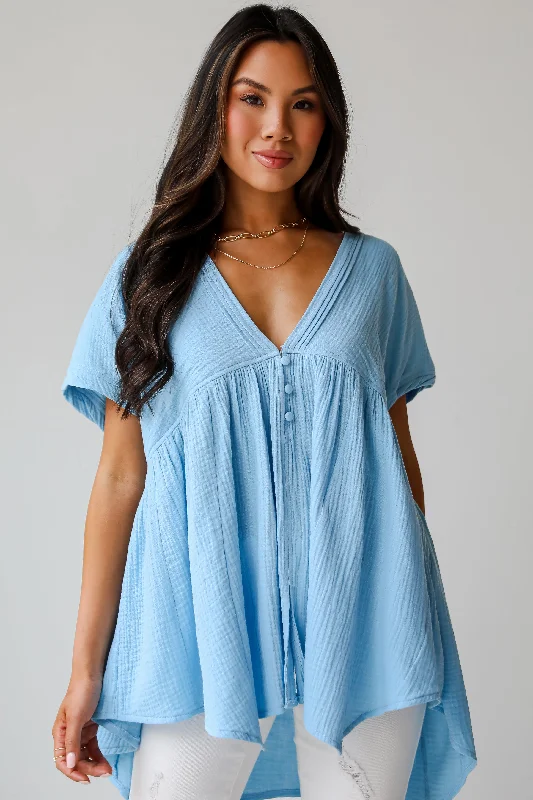 FINAL SALE - Blissful Icon Light Blue Linen Blouse Chic Square Blouse
