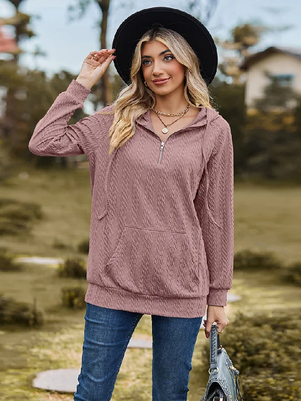 Cable-Knit Zip-Up Hooded Blouse Gathered Detail Blouse