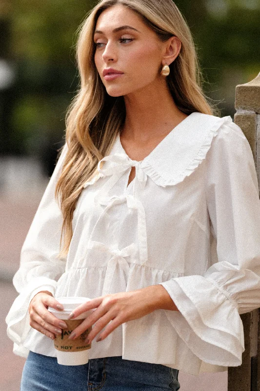 Calm Reflections 100% Cotton Ivory Blouse Chic Ruffle Blouse