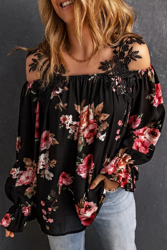 Casual Feather Print Off Shoulder Strap Blouse Satin Drape Blouse