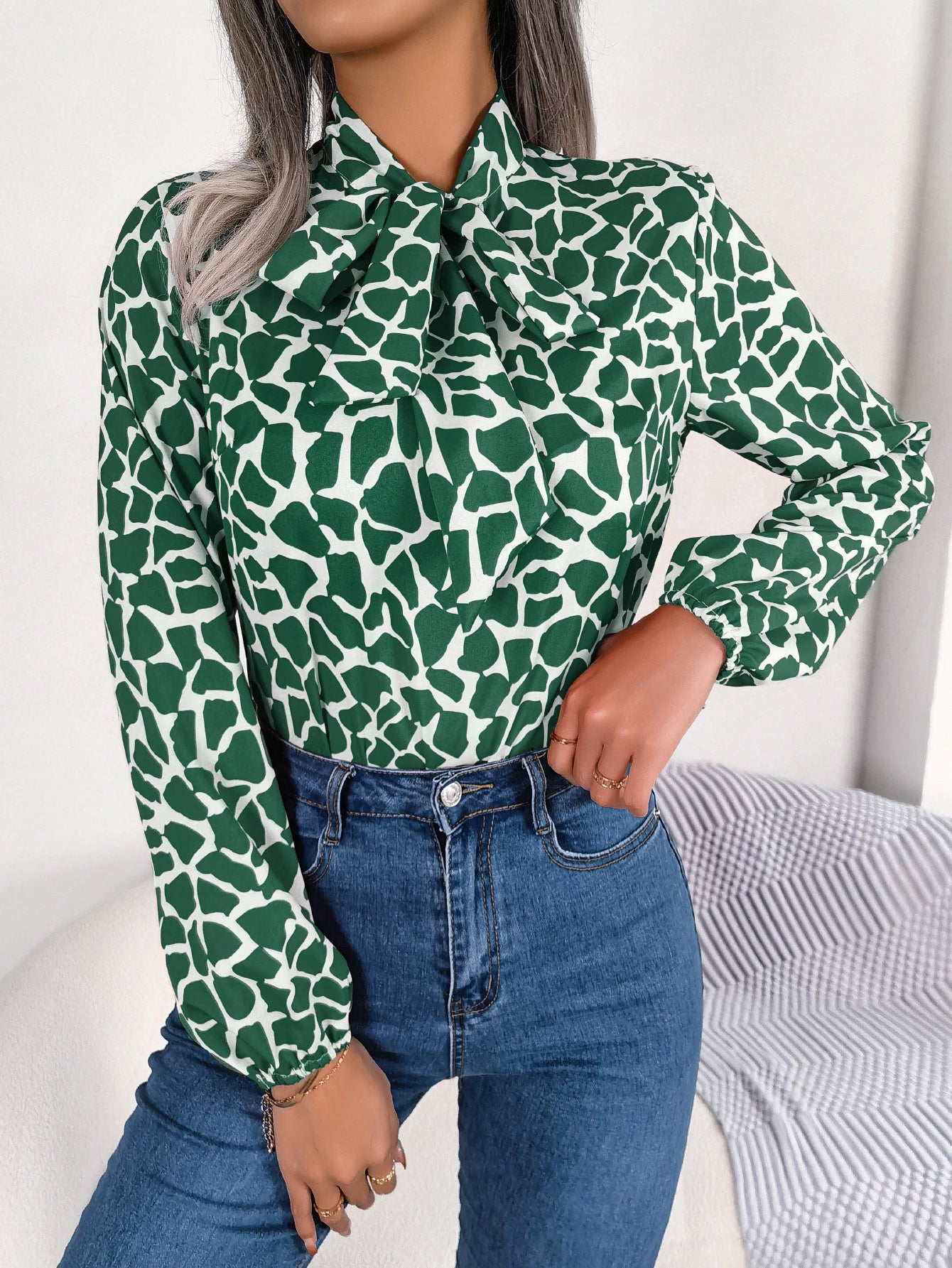 Casual Giraffe Print Tie-neck Long Sleeve Spring Fall Women's Blouse Ruffled Neck Blouse Casual Giraffe Print Tie-neck Long Sleeve Spring Fall Women's Blouse Ruffled Neck Blouse