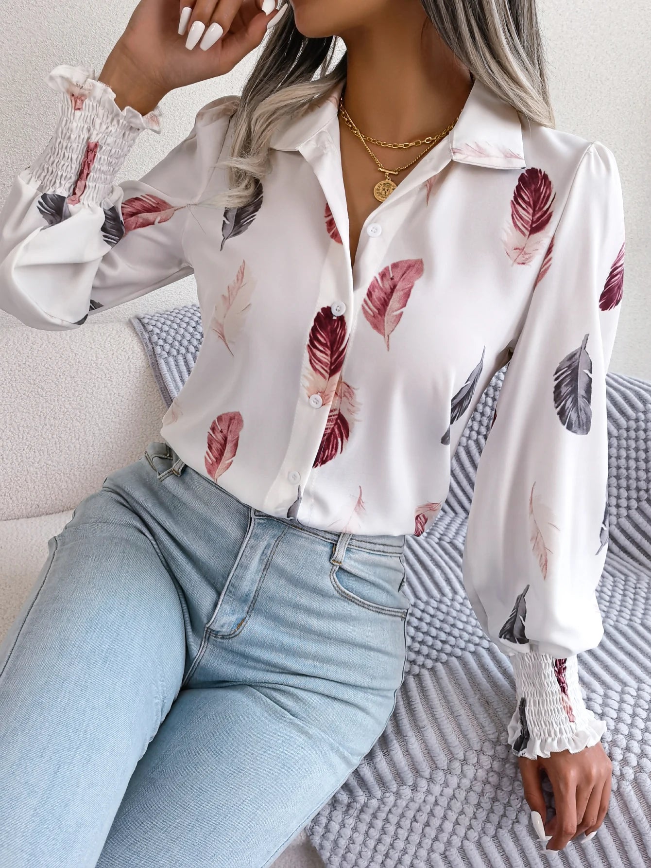Casual Lantern Sleeve Button Front Turn Down Collar Feather Print Women's Blouse Peter Pan Collar Blouse Casual Lantern Sleeve Button Front Turn Down Collar Feather Print Women's Blouse Peter Pan Collar Blouse