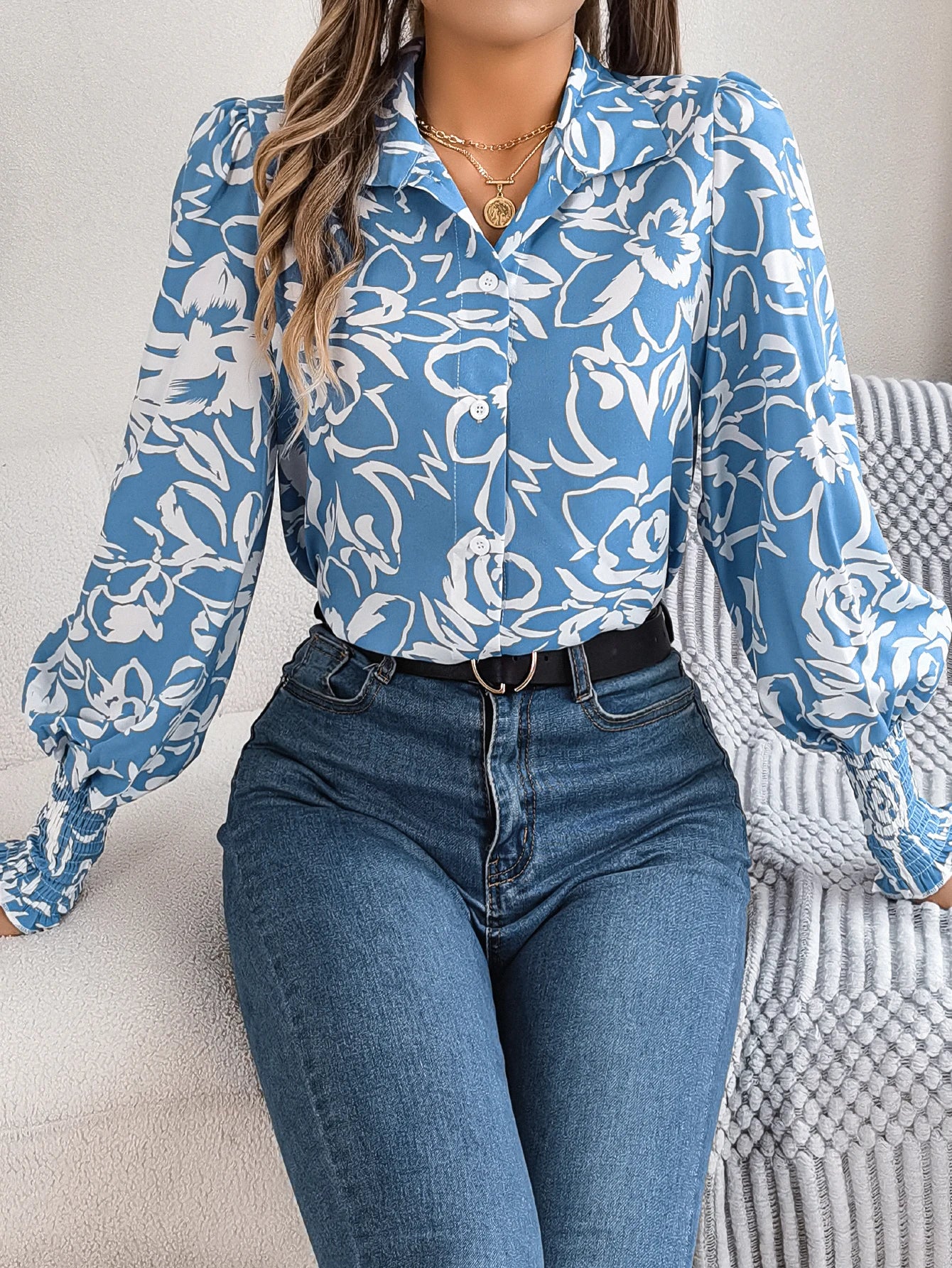 Casual Lantern Sleeve Floral Print Button Front Blouse Cotton Casual Blouse