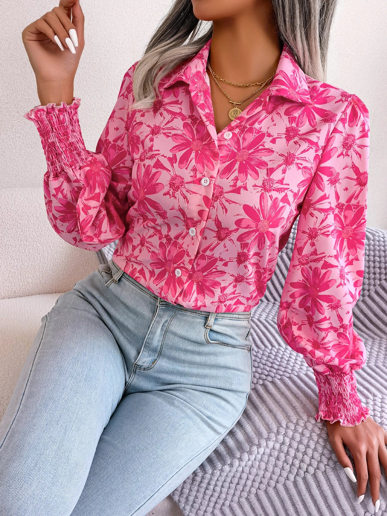 Casual Lapel Button Long Sleeve Flower Print Women's Blouse Silky Draped Blouse