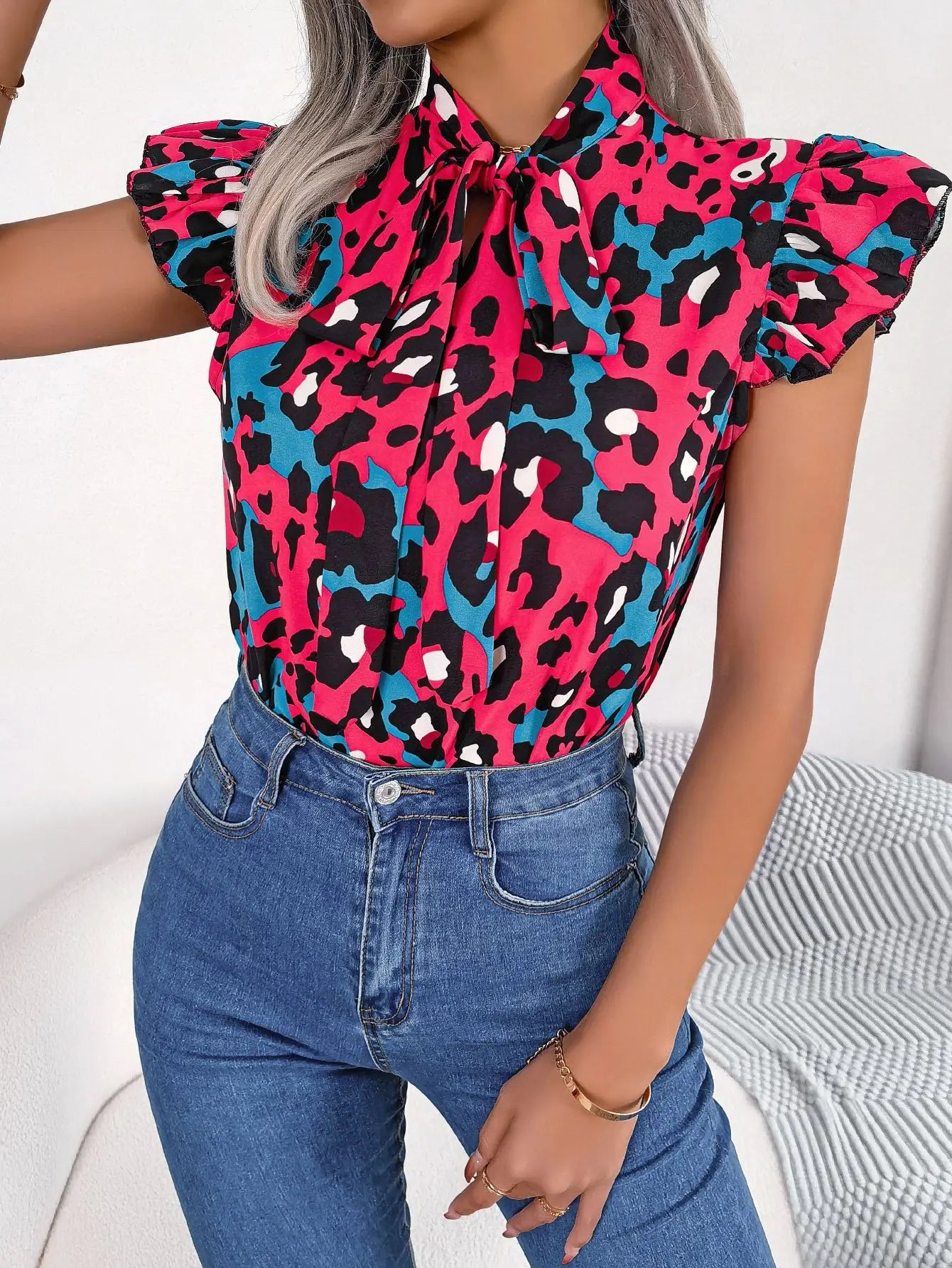 Casual Leopard Print Lace Up Ruffles Chiffon Fashion Summer Bow Tie V neck Blouse Chic Square Blouse Casual Leopard Print Lace Up Ruffles Chiffon Fashion Summer Bow Tie V neck Blouse Chic Square Blouse