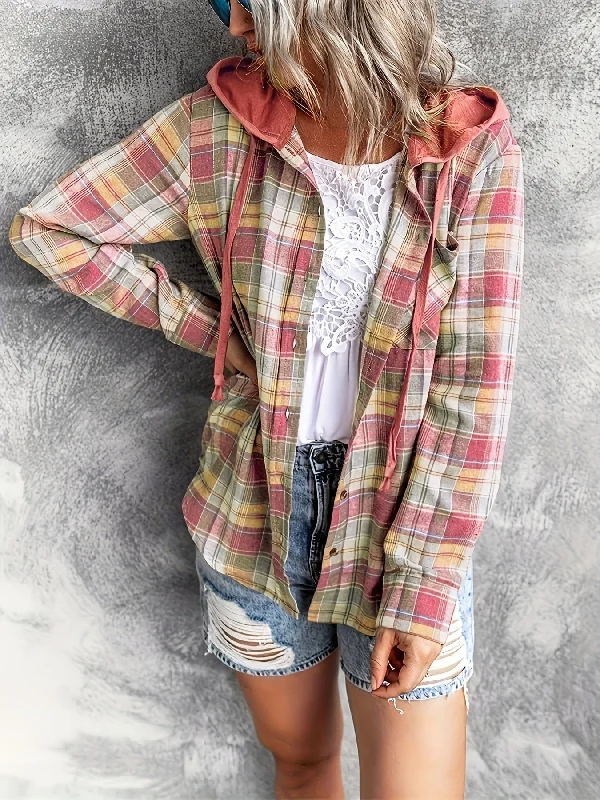 Casual Plaid Print Long Sleeve Drawstring Hooded Blouse Floral Chiffon Blouse